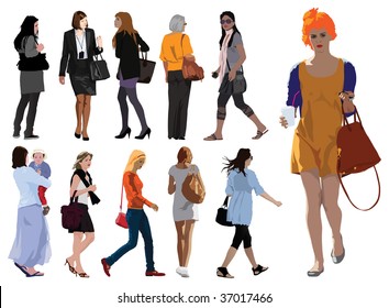 Young woman silhouettes color vector illustration. Summer clothes.