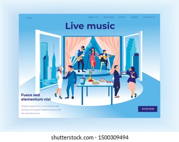 Young Woman Singer in Red Dress Performing on Stage with Saxophone and Guitar Accompaniment in Modern Restaurant with City View, Live Music Show. Cartoon Flat Vector Illustration, Horizontal Banner