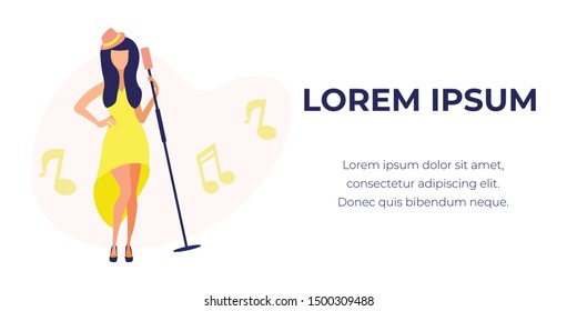 Young Woman Singer Wearing Yellow Dress and Retro Hat Holding Microphone Performing on Stage, Restaurant, Night Club Show Live Music, Singing Hobby. Cartoon Flat Vector Illustration, Horizontal Banner