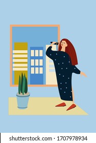 Young woman singing by the window. At-home concert, neighbourhood concert. Creative activitiy concept. Social distancing during COVID-19 pandemic concept. Vector illustration in flat style