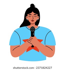 Young woman singing. Flat cartoon vector illustration isolated on white background.