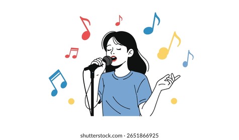 Young Woman Singing Into Microphone Surrounded by Musical Notes Entertainment Performance Vocalist Artist