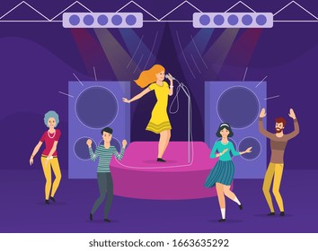 Joven cantando karaoke en el escenario mientras un grupo de amigos bailan a su alrededor en un club nocturno, ilustración vectorial de colores