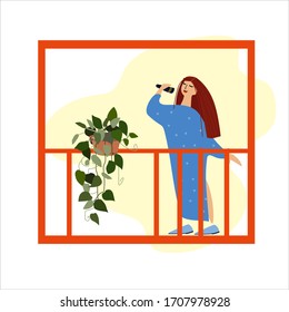 Young woman singing on the balcony. Neighbourhood concert. Creative activitiy concept. Social distancing during COVID-19 pandemic concept. Vector illustration in flat style