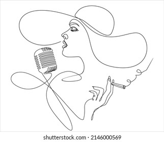 Young woman singing in a retro microphone and smoking. Continuous one line drawing. Vector illustration.