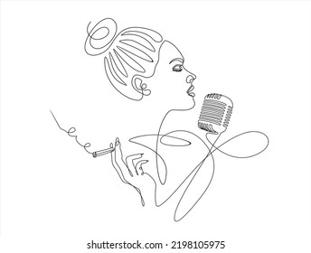 Young woman singing in a retro microphone and smoking. Continuous one line drawing. Vector illustration.