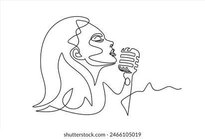 Young woman singing in a retro microphone. Continuous one line drawing. Vector illustration.