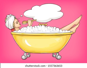 Young woman singing in yellow bathtub. Girl with brush and towel on head takes a bath with foam. Vector pop art illustration with speech bubble on pink background