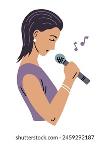 A young woman sings into a microphone. Singer and star. Voice and singing. Concept music and sound. Flat vector illustration isolated on white background