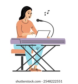 Uma jovem mulher canta em um microfone e toca piano. Sintetizador de instrumentos musicais. Música e criatividade. Escola vocal, hobby e conceito de festa. Ilustração de vetor de desenhos animados isolada no branco