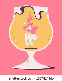 Young woman sinks in a glass of beer or wine. Sad depressed character suffering from heavy drinking and loosing identity and personality