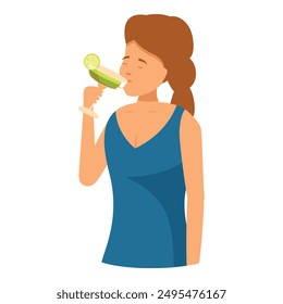 Young woman is sipping a green cocktail from a martini glass