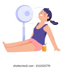 young woman sist near fans because the temperature is very hot, teenage girls cool their bodies in front of fans, women sweat in very hot summers