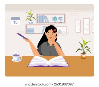 Young woman sit at desk and drawing or writing in notebook, enthused while studying at a desk with books and decor.