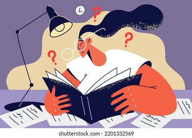 Young woman sit at desk study with books prepare for exam. Girl student in glasses learning with textbooks at home. Education and knowledge. Vector illustration. 