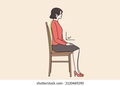 Young Woman Sit On Chair In Correct Position Think Of Back. Female Employee Right Sedentary Pose At Work. Healthcare And Incorrect Posture Concept. Healthy Lifestyle. Vector Illustration. 