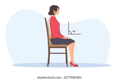 Young woman sit on chair in correct position. Correct sitting position. Medical infographics with spine sitting correctly on a chair. Vector illustration.