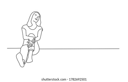 Young woman sit on the floor and look up. Line drawing vector illustration.