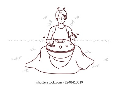 Young woman sit on grass outdoors play on traditional musical instrument meditating. Female yogi use harmony handpan or drum for meditation. Spiritual. Vector illustration. 