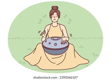 Young woman sit on grass outdoors play on traditional musical instrument meditating. Female yogi use harmony handpan or drum for meditation. Spiritual. Vector illustration.