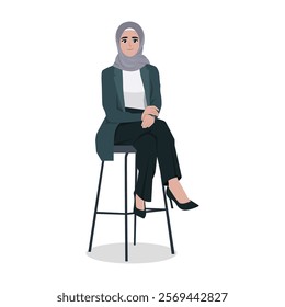 Young Woman sit on the stool with crossed legs in formal wear. Flat vector character illustration