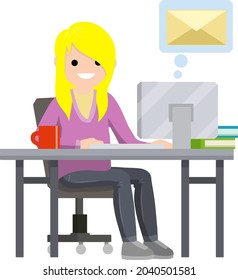 Young woman sit at table with computer and receives letter. Cartoon flat illustration. Work in office. postal envelope in bubble. e-mail in messenger, chat with friends on Internet