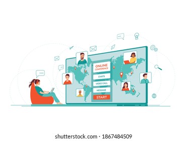 Young woman sits in bean bag and talking to colleagues using a video conference. Concept of online meeting from home. Remote work, chatting, video call. Vector illustration in a flat cartoon style