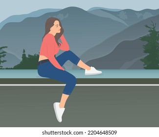 A young woman sits and breathes fresh mountain air to let her mind and body relax in tranquility. Happy living concept vector illustration.