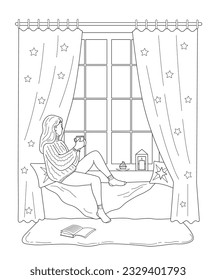 Young woman sits by the   window with a cup of hot drink, looks out the window. Vector illustration in line art style.