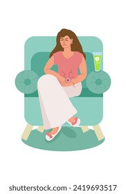 A young woman sits in a chair and holds her hands on her stomach, suffering from menstrual pain, next to a glass of painkillers. Premenstrual syndrome, menstruation. Vector illustration