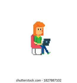 A young woman sits in a chair and works with a laptop. Pixel art icon. Old school computer graphic. 8 bit video game.
