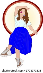 A young woman sits in a circle with a smile on her lips and radiates joy and happiness. Avatar, for fashion stores and exhibitions