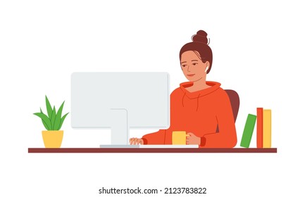 Young woman sits with at the computer at the desk. Employee at work in the office. Concept of working, training, retraining, courses via the Internet, e-learning. Isolated flat vector illustration