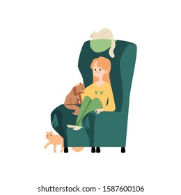 Young woman sits in cozy armchair with cats and stroking kitten cartoon style, vector illustration isolated on white background. Female in comfortable home chair resting with her pet animals
