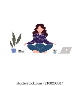 Young woman sits with cross-legged on the floor and meditates with closed eyes. Girl makes morning yoga, relaxes at home or breathing exercises. Body positive and health care concept. Vector