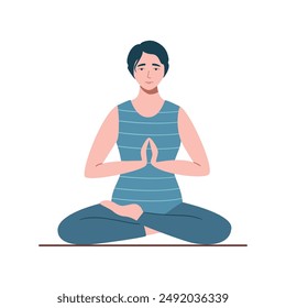 Young woman sits with cross-legged on the floor and meditates with opened eyes. Girl doing yoga. Meditation in lotus pose. Concept of yoga, meditation, healthy body, relaxation. Vector illustration