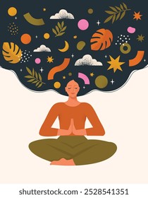 Young woman sits with cross-legged on the floor and meditates with closed eyes. Girl makes morning yoga, relaxes at home or breathing exercises. Body positive and health care concept. Vector