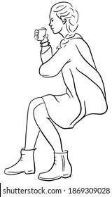 Young woman sits and drinks a hot drink of coffee in a cafe. Continuous single line.Flat sketch line design style minimal artline ink vector illustration.