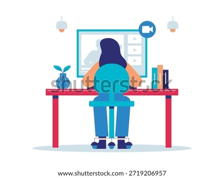 A young woman sits in front of a computer having an online meeting, studying in her room. Character design. Vector flat illustration