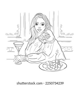 A young woman sits with a glass of martini. Realistic portrait, vintage interior, food and drink. Hand drawing, sketch, outline. Isolated on white background. Vector illustration.