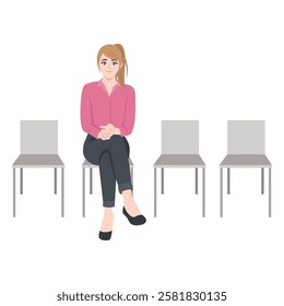 Young woman sits gracefully on a chair in a row of empty seats, appearing calm and composed. Flat vector Character Illustration