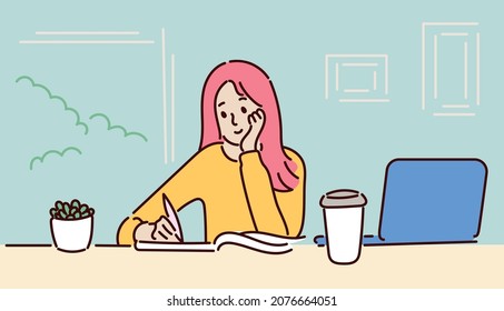 Young woman sits at her desk at home, holds pen and looks at laptop. Concept of online learning, the concept of remote work. Vector illustration