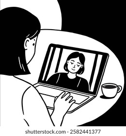 A young woman sits at her laptop, making a video call. She might be a tutor or working remotely, engaged in an online conversation. A black-and-white vector lifestyle illustration.