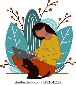 A young woman sits with a laptop and a cat against a background of natural motives. Freelance, online education. Quarantine, self-isolation.