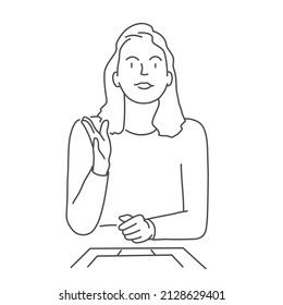 Young woman sits at laptop. Video call, networking or conference by computer. Hand drawn vector illustration. Black and white.