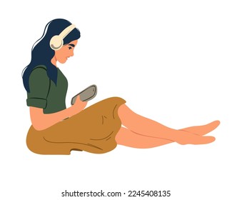 
A young woman sits and listens to music with headphones. Music lover. Flat vector illustration