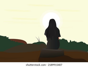 A young woman sits and looks at the morning sunrise in silence. Happy living concept vector illustration.