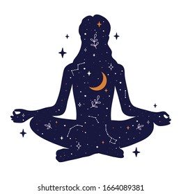 Young woman sits in lotus pose of yoga. Universe with crescent moon, constellations, galaxy and stars inside the girl. Free mind concept. Vector illustration of meditation, self care or mindfulness.