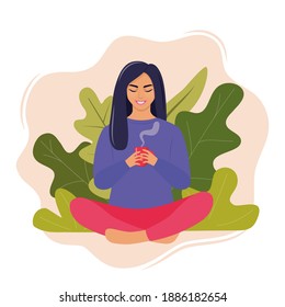 Young woman sits in a Lotus pose and holds a mug of hot drink in her hands. Cozy rest and relaxation concept. Happy cute girl resting. Isolated vector illustration