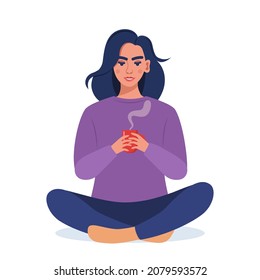 Young woman sits in a Lotus pose and holds a mug of hot drink in her hands. Cozy rest and relaxation concept. Happy cute girl resting. Isolated vector illustration